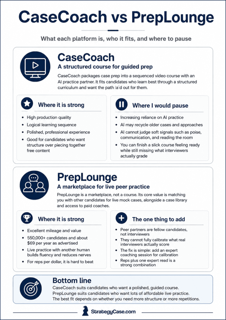Professional infographic comparing CaseCoach vs PrepLounge, explaining what each platform is, who it fits, where each is strong, key limitations, and a bottom-line summary, with discreet StrategyCase.com branding.