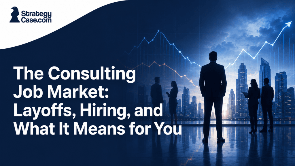 Cover image for an article on the consulting job market, showing business professionals with hiring and layoff trend graphics in a corporate city setting.