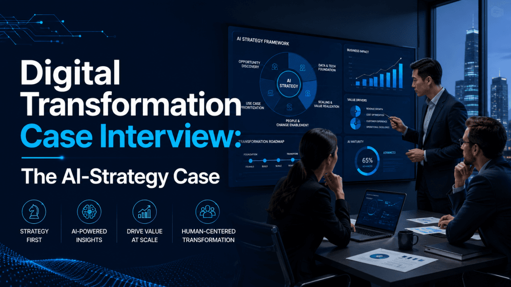 Digital transformation case interview with consultants reviewing an AI strategy framework.
