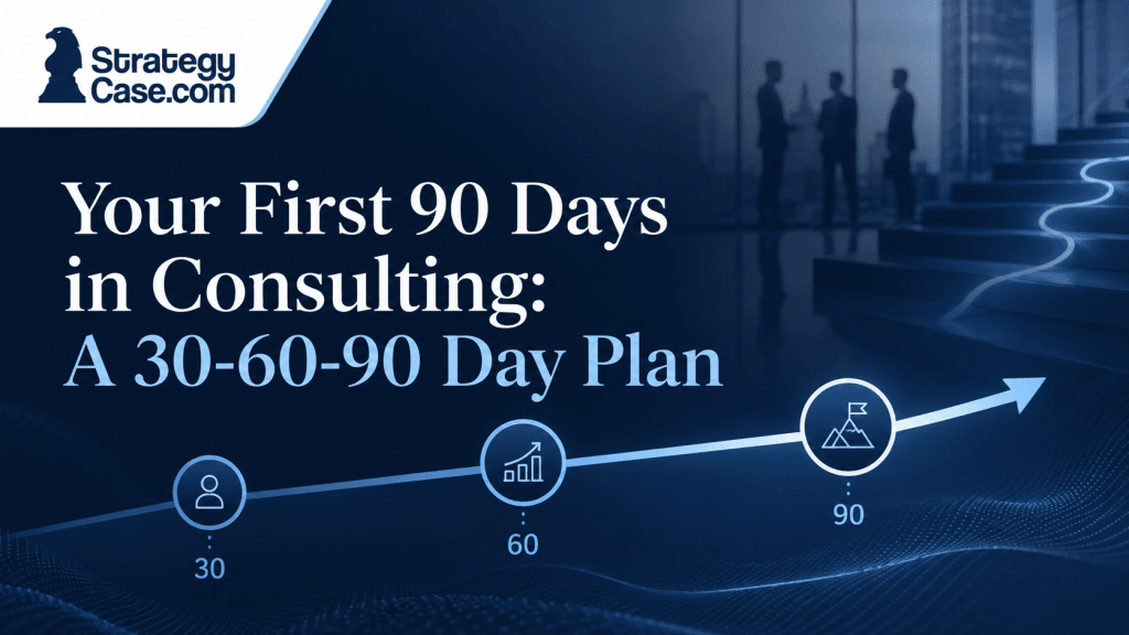 Your First 90 Days in Consulting cover showing a 30-60-90 day progression roadmap with the StrategyCase.com logo