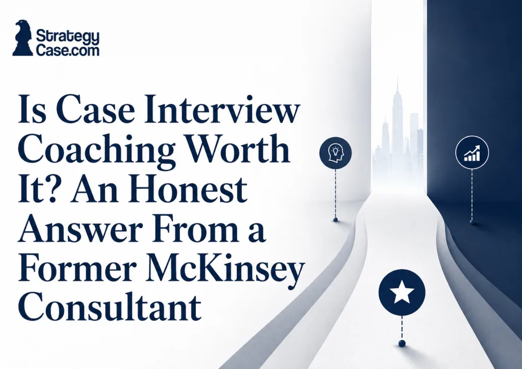 Case interview coaching value assessment with a pathway to improved performance and the StrategyCase.com logo.