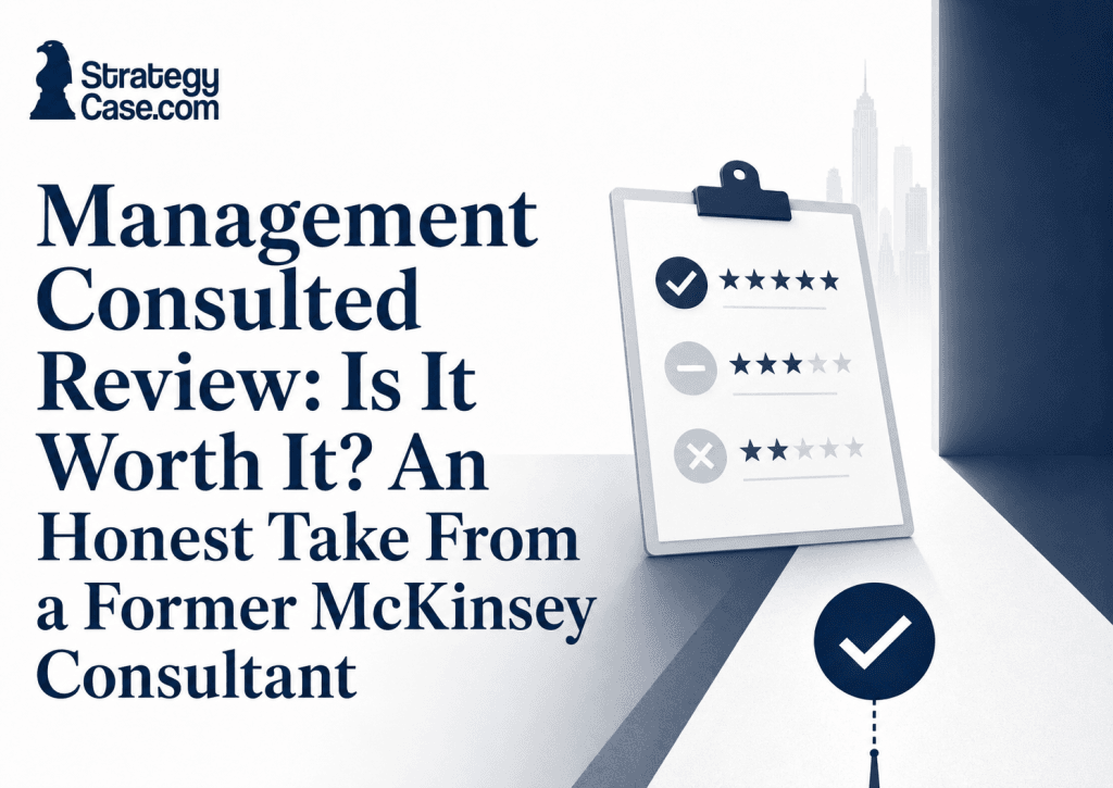 Management Consulted review illustrated with a rating checklist and the StrategyCase.com logo.