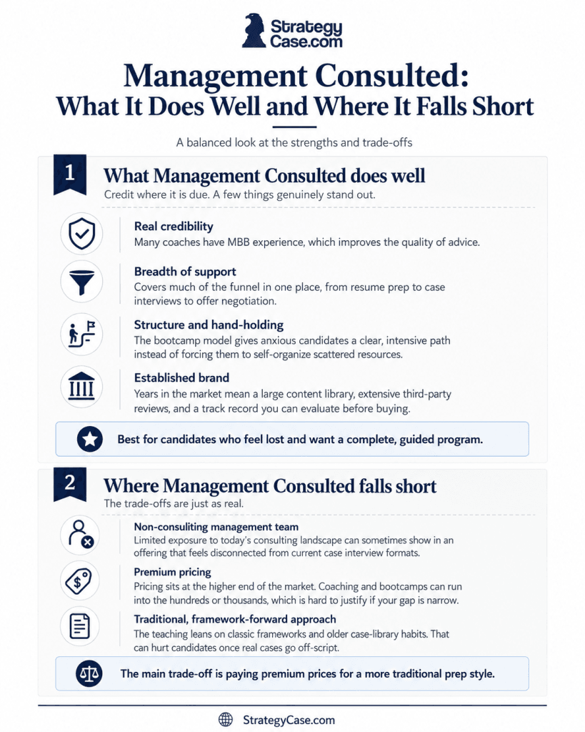 management-consulted-strengths-and-weaknesses-infographic (2) StrategyCase.com infographic comparing what Management Consulted does well, including credible coaches, broad support, structured programs, and an established brand, with drawbacks such as premium pricing, non-consulting management, and a traditional framework-focused approach.