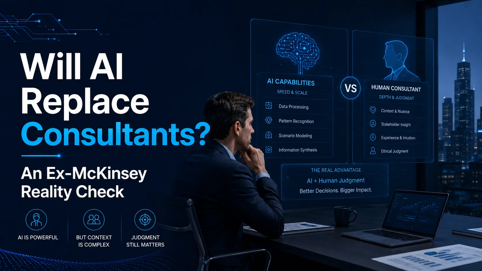 Consultant comparing AI capabilities with human judgment in the future of consulting.