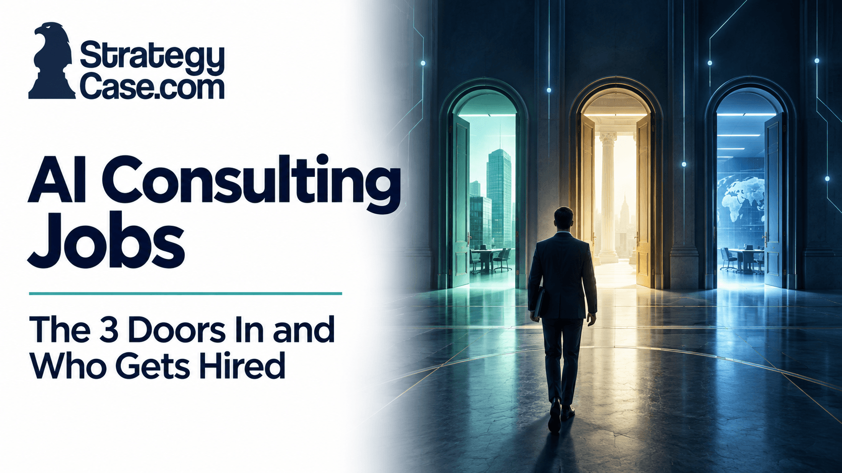 Professional approaching three illuminated doorways, representing three entry routes into AI consulting jobs, with StrategyCase.com branding.