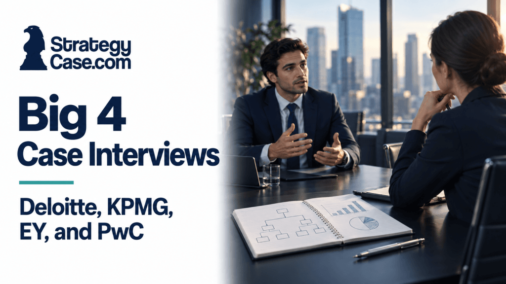 Candidate discussing a business case with an interviewer, with an issue tree and charts in an open notebook. Representative of a Big 4 case interview.