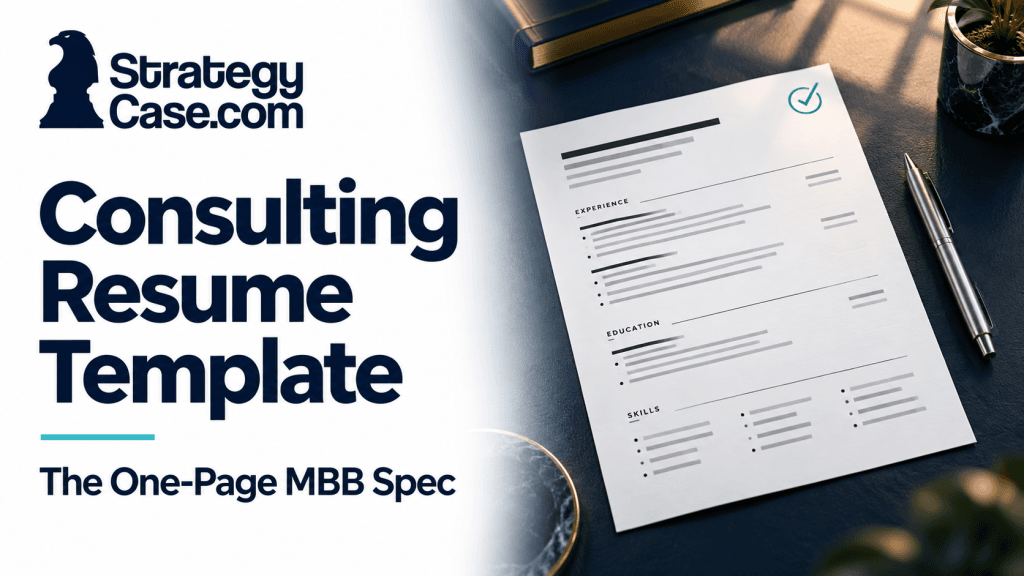 One-page consulting resume template with experience, education, and skills sections on a navy desk beside a silver pen.