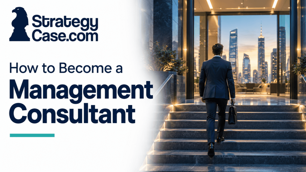 Professional climbing steps toward a modern office, illustrating the path of how to become a management consultant.