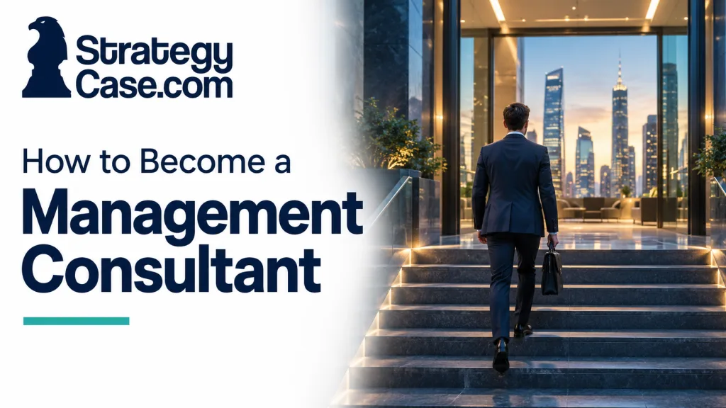 Professional climbing steps toward a modern office, illustrating the path of how to become a management consultant.