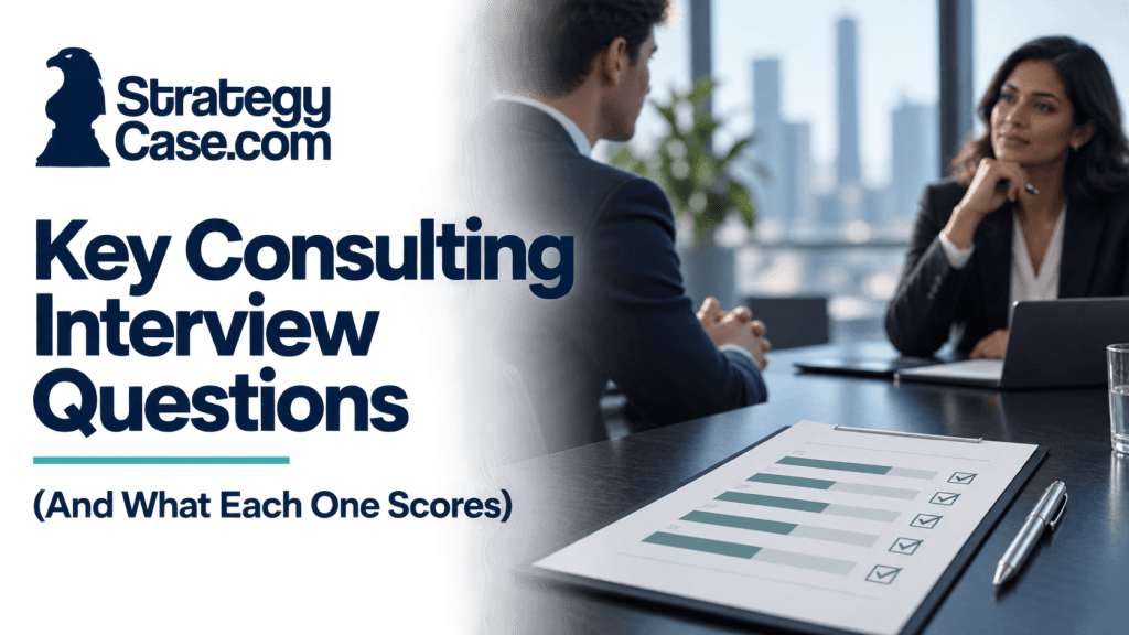 Consulting interview with a candidate, interviewer, and assessment scorecard, highlighting interview questions and evaluation criteria.