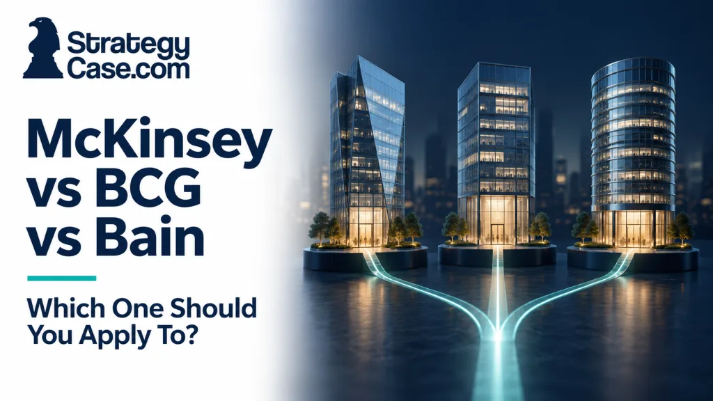 Three illuminated paths leading to distinct office towers, representing the choice between McKinsey vs BCG vs Bain.