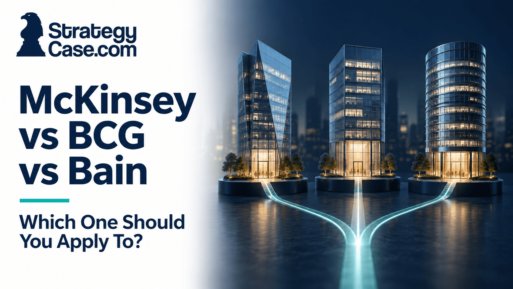 Three illuminated paths leading to distinct office towers, representing the choice between McKinsey vs BCG vs Bain.