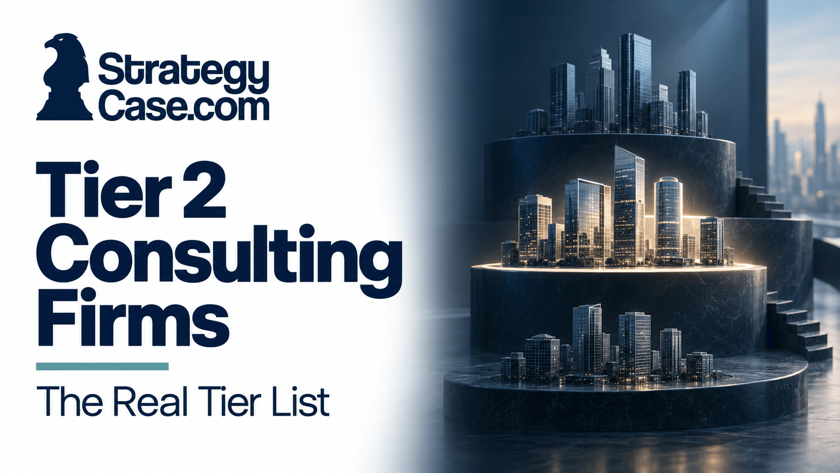 Office towers arranged on three tiered platforms, illustrating consulting firm rankings, with StrategyCase.com branding.