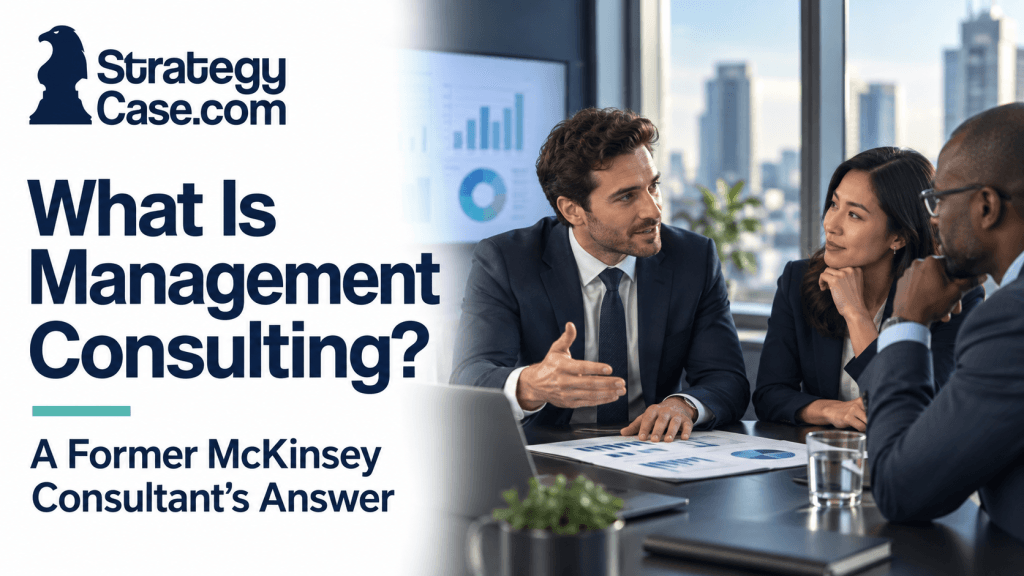Management consultant discussing business charts and recommendations with two client executives in a modern boardroom for an article on what is management consulting.
