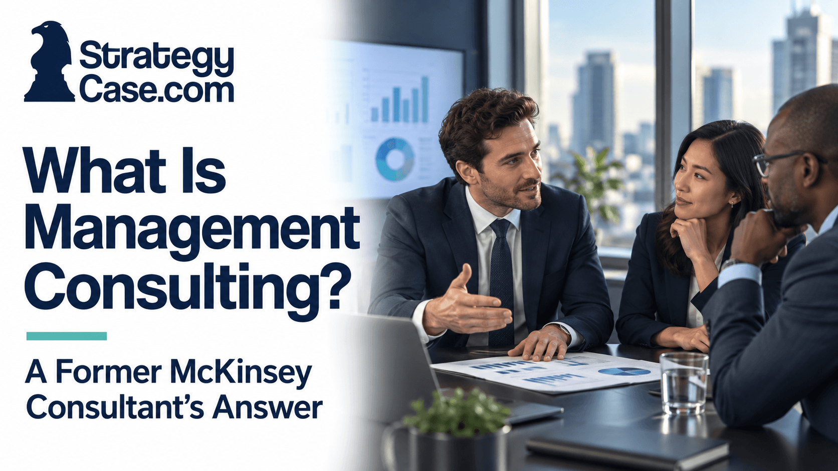 Management consultant discussing business charts and recommendations with two client executives in a modern boardroom for an article on what is management consulting.