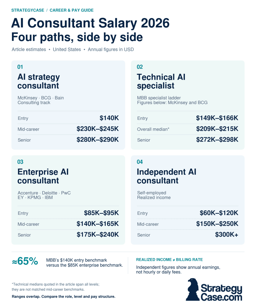Four AI consulting career paths compared by employer and annual pay: strategy consulting, technical specialists, enterprise consulting, and independent consulting.