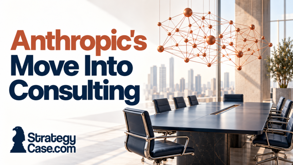 Cover for “Anthropic Consulting Move Into Consulting,” featuring a modern boardroom beneath an abstract AI network and the StrategyCase.com logo.