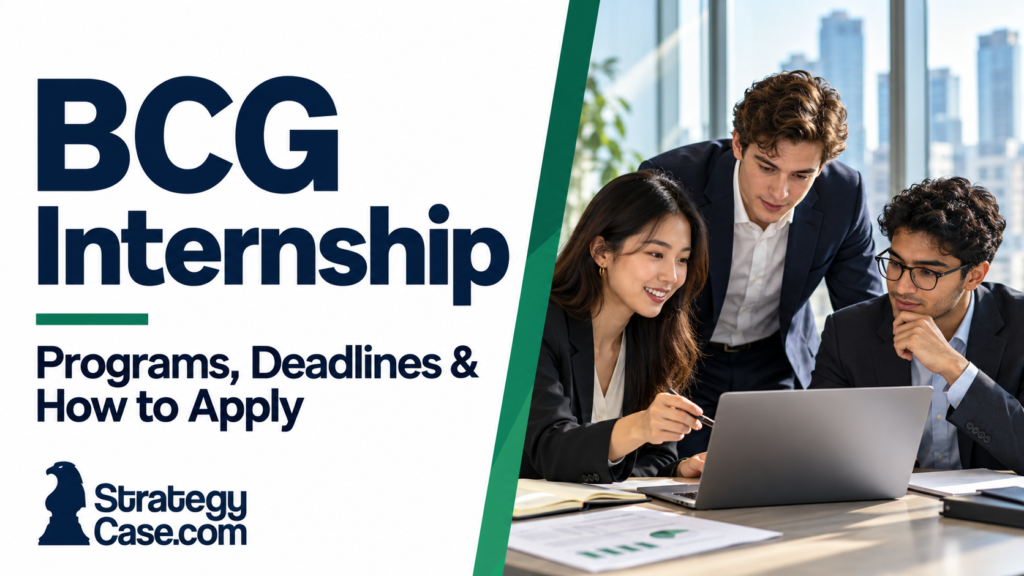 BCG internship guide covering programs, deadlines, and how to apply, featuring consulting interns and the StrategyCase.com logo.