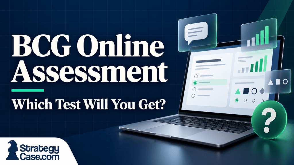 BCG Online Assessment: Which Test Will You Get? Cover featuring a laptop with assessment questions and the StrategyCase.com logo.