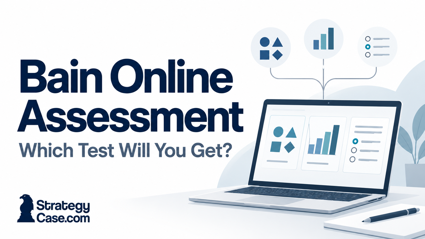 Laptop displaying reasoning, numerical, and multiple-choice tasks representing Bain online assessment formats.