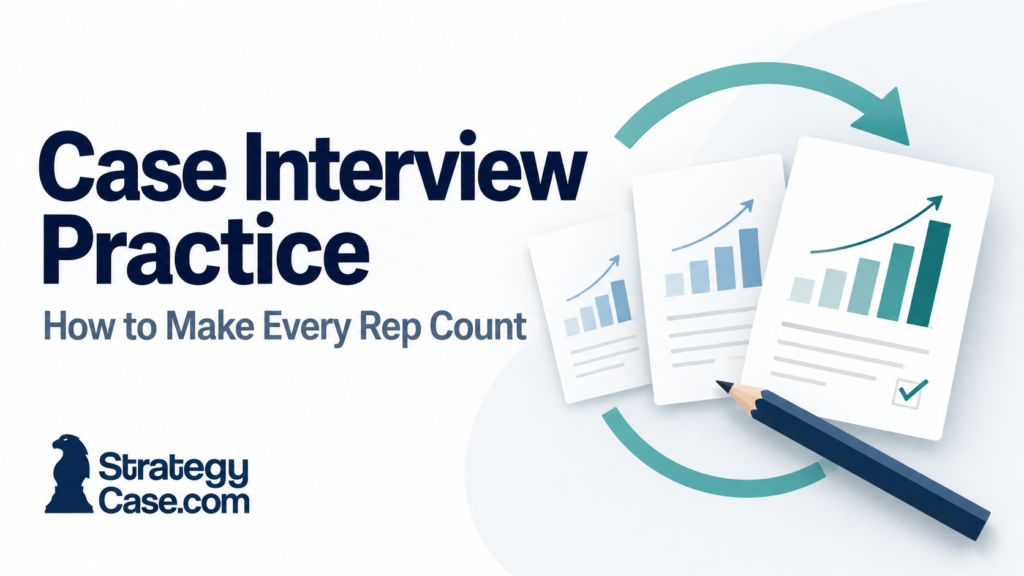 Case interview practice worksheets with progress charts and arrows representing practice and feedback.