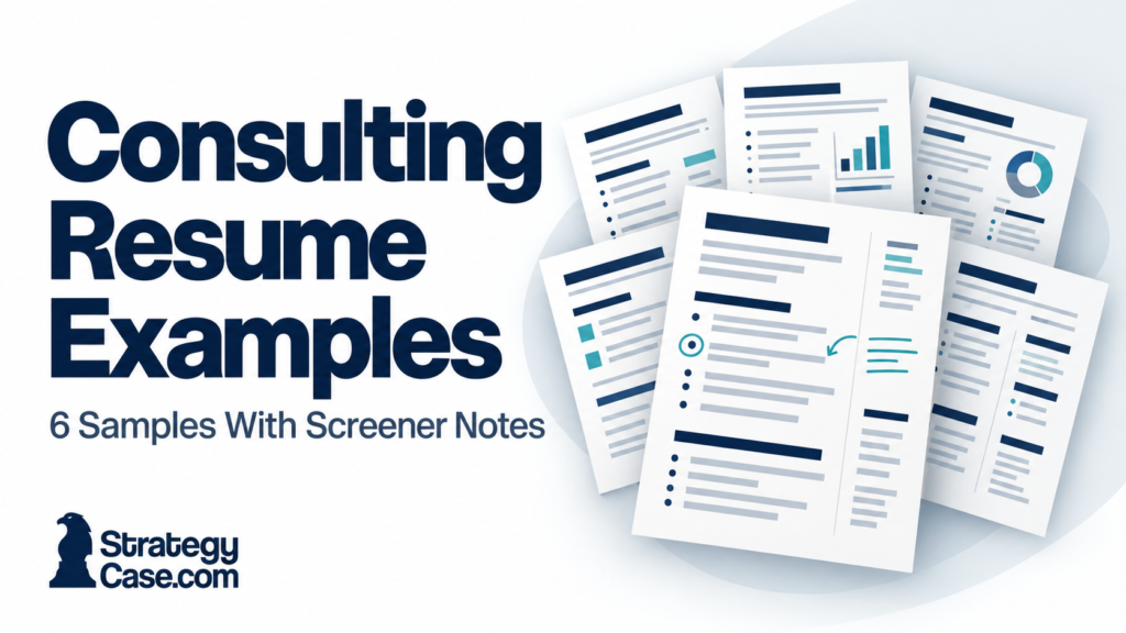 Six consulting resume illustrations with highlighted sections and screener annotations.